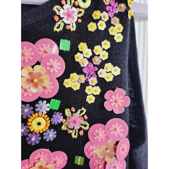 Emma Tricot S Floral Beaded 3D Top Sequin Y2K‎ Sweater Tank Art To Wear - Picture 6 of 7